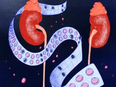 Illustratie van nieren met een strip pillen ertussen