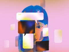 Illustratie van een gezicht met allerlei schermen ervoor