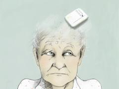 Een tekening van een oude vrouw waarvan de hersens uitgegumd worden