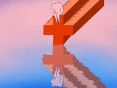 Beeld: Anna June Poppetje zit op een rood kruis wat ook een liniaal is en kijkt in het water naar het spiegelbeeld.