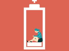 Illustratie van een lege batterij met een zittende vrouw erin