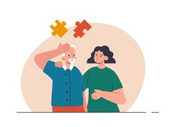 Illustratie van twee mensen met puzzelstukjes erboven