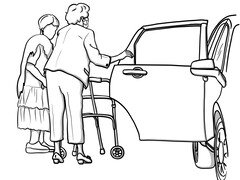 illustratie oude vrouw die in auto wordt geholpen