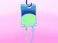 Geïllustreerd infuus waaruit een vloeistof lekt. Binnen in het infuus zit een wereldbol afgebeeld.