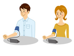 Beel: kojilive/iStock.com Illustratie van een man en een vrouw waarvan de bloeddruk gemeten wordt