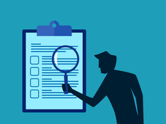 Illustratie van iemand die een loep boven een tekst houdt