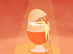 Illustratie van iemand die in een ei kijkt