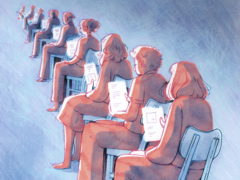 Illustratie van een rij mensen met resultaten in de hand