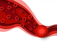 Een illustratie in rode tinten die bloedcellen voorstelt die door een ader stromen