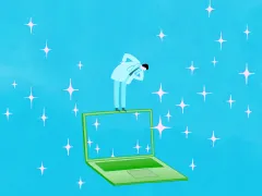 Illustratie: Laptop met hologram en sterren