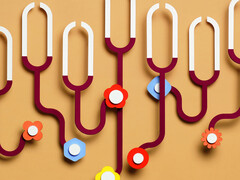 Illustratie van een netwerk van rode en witte stethoscopen die met elkaar verbonden zijn via gekleurde bloem- en geometrische knoppen op een lichtbruine achtergrond