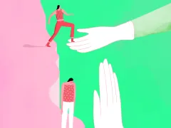 Een illustratie: mensen die elkaar helpen, handen die ondersteuning en samenwerking symboliseren.