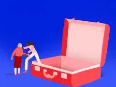 Illustratie van iemand die uit een koffer stapt
