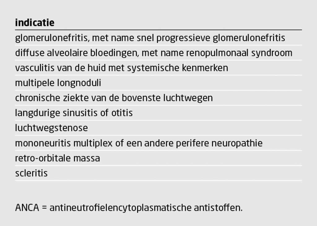 Tabel 2 | Indicaties voor het aanvragen van ANCA-diagnostiek