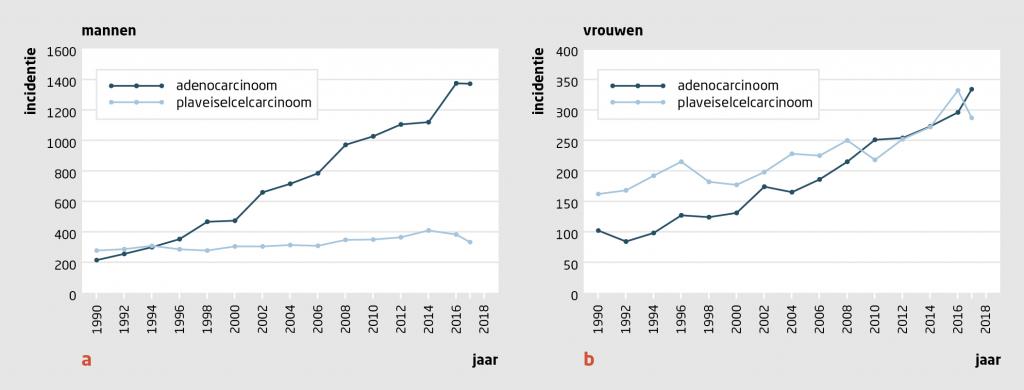 Figuur 1 | Incidentie van slokdarmkanker in Nederland neemt toe | Jaarlijks aantal nieuwe gevallen van het adeno- en plaveiselcelcarcinoom van de slokdarm in Nederland in de periode 1990-2017, uitgesplitst naar geslacht