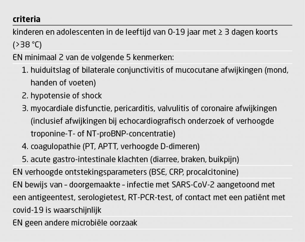 Tabel 2 | MIS-C: multisystem inflammatory syndrome in children and adolescents with COVID-19 | Definitie zoals gepubliceerd door de WHO3,9
