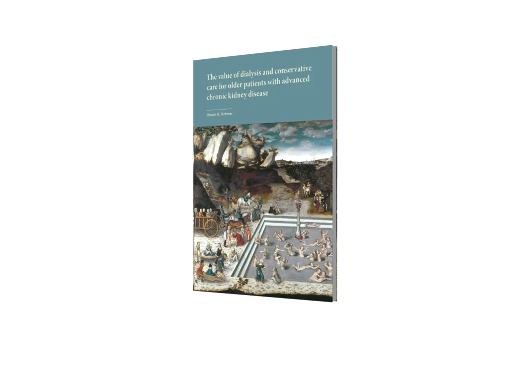 Cover van het proefschrift 'The value of dialysis and conservative care for older patients with advanced chronic kidney disease, University of Leiden' van Wouter Verberne.