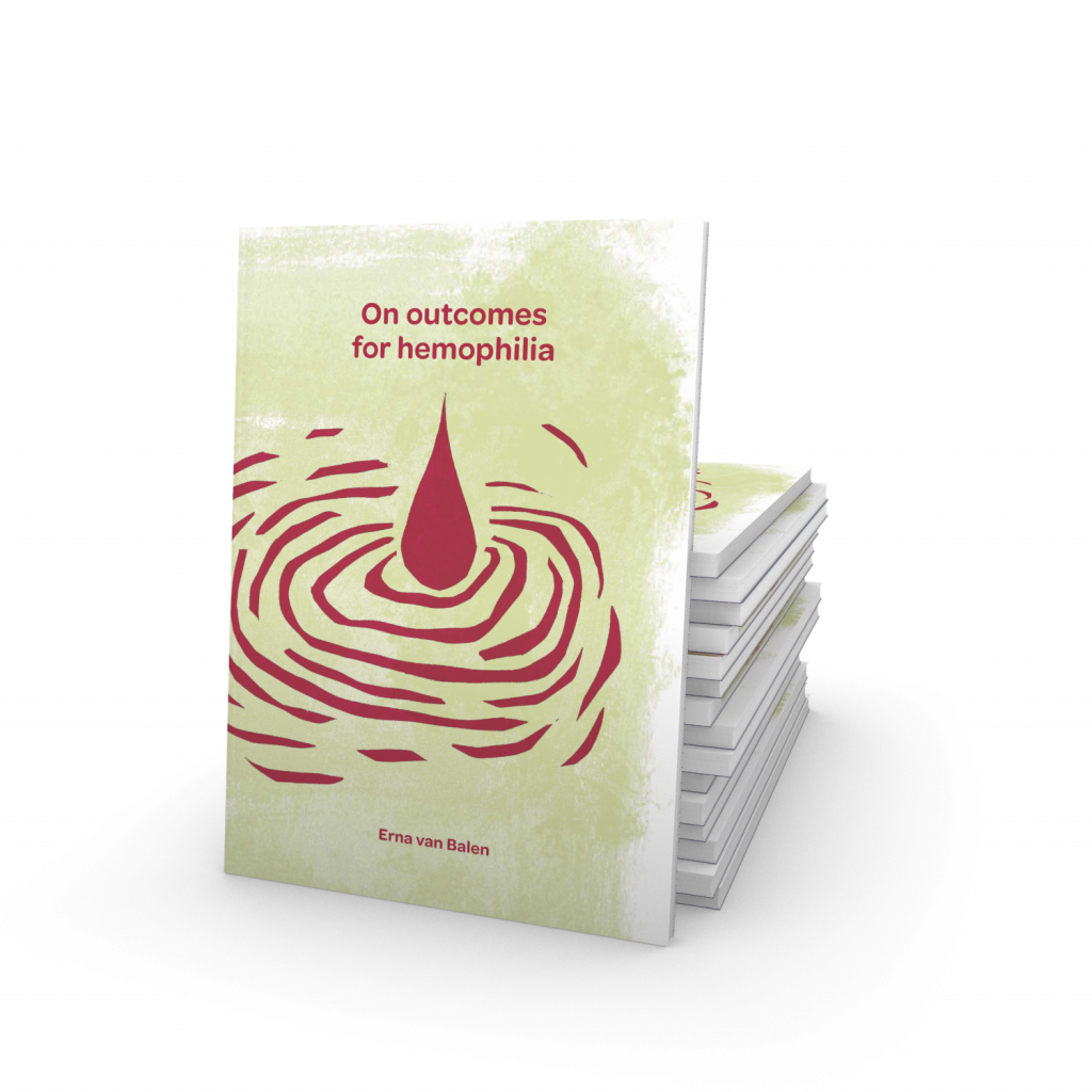 Cover van het proefschrift "On outcomes for hemophilia" van Erna van Balen.