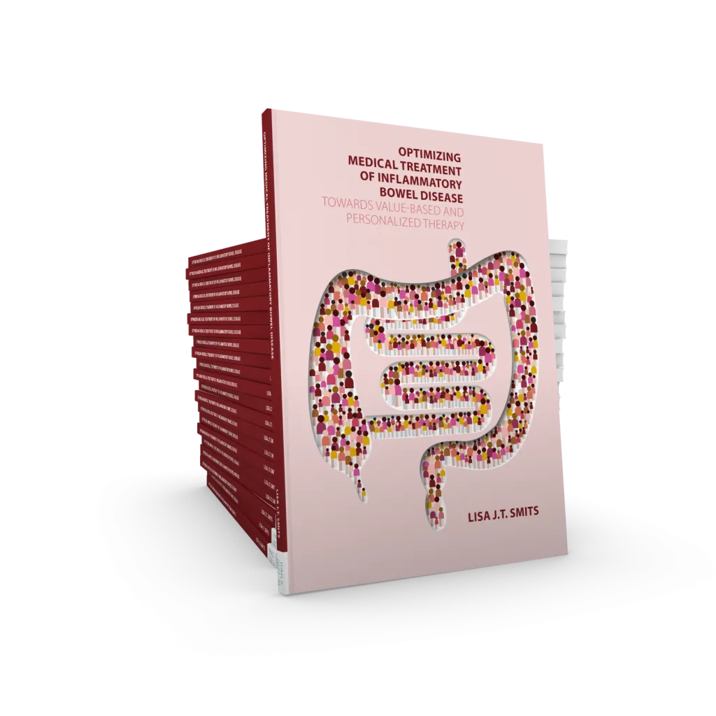 Cover van het proefschrift "Optimizing medical treatment of inflammatory bowel disease. Towards value-based and personalized therapy".