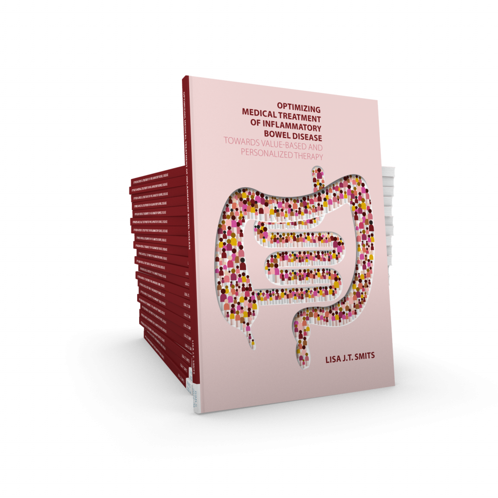 Cover van het proefschrift "Optimizing medical treatment of inflammatory bowel disease. Towards value-based and personalized therapy".