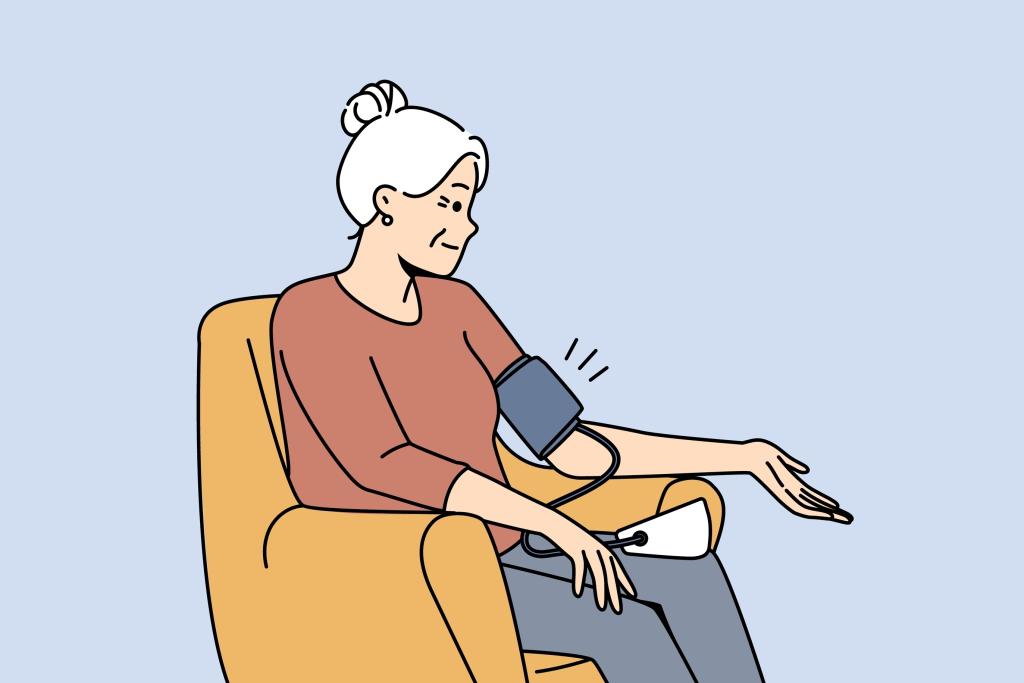 Illustratie van een oudere vrouw zittend in een fauteuil met een bloeddrukmeter om haar linkerarm.