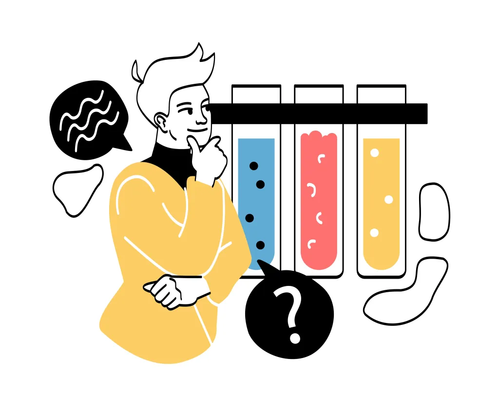 Illustratie van iemand die vragen naar drie reageerbuisjes kijkt.