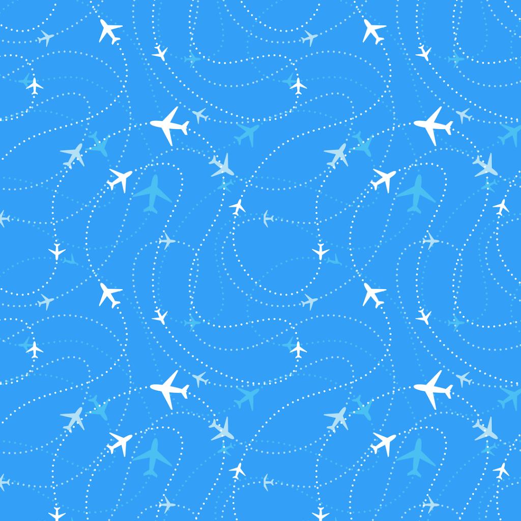 Illustratie van allemaal witte vliegtuig-icoontjes met een stippellijn als route van de vlucht tegen een blauwe achtergrond.