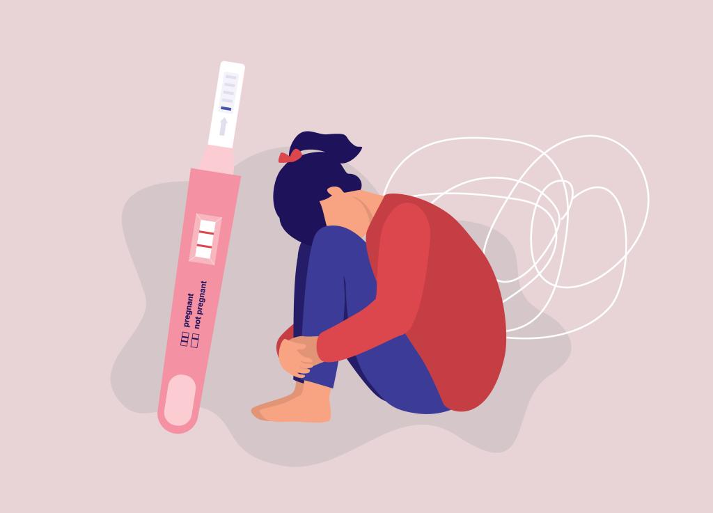 Illustratie van een meisje met haar hoofd tussen haar benen en een zwangerschapstest naast haar.