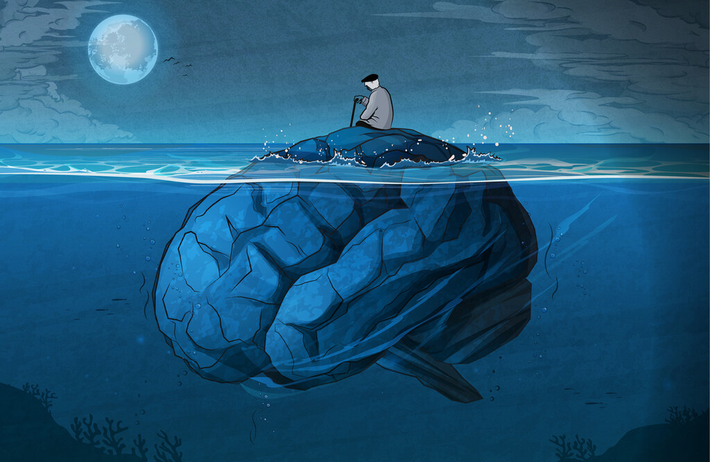 Illustratie van hersenen die deels onder water zijn