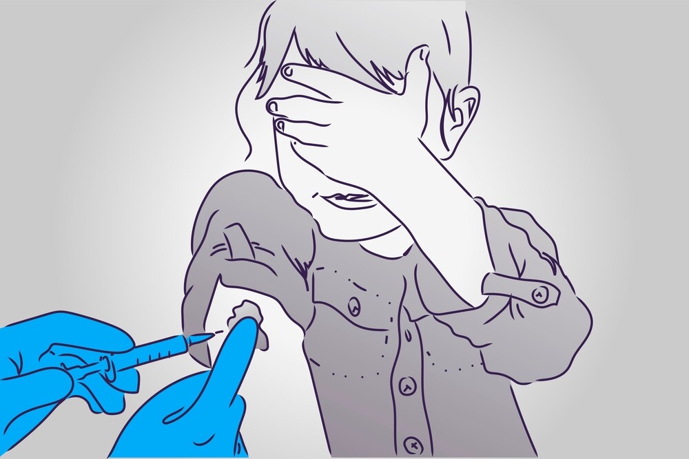 Illustratie van een kind met angst voor injecties