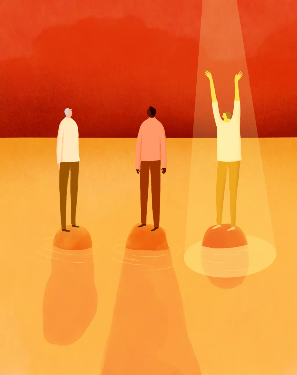 Illustratie van 3 mensen waarvan er eentje in de spotlight staat